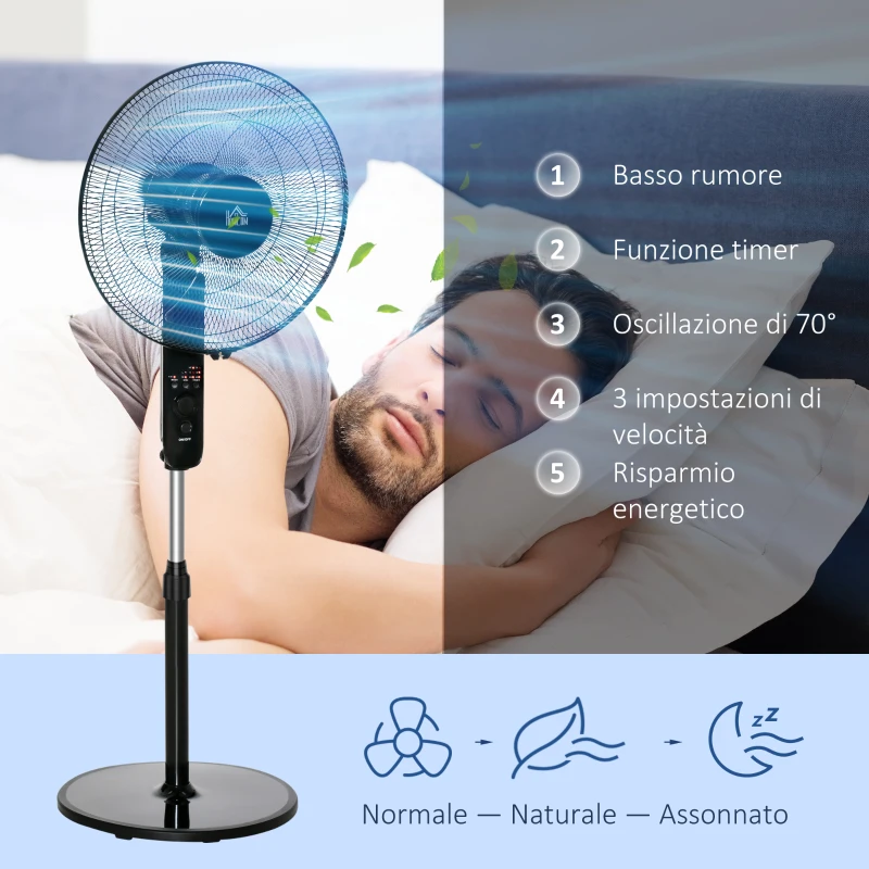 HOMCOM Ventilatore a Piantana con Telecomando, Altezza Regolabile, 3 Velocità, Angolo di Inclinazione Regolabile, in Metallo, Nero