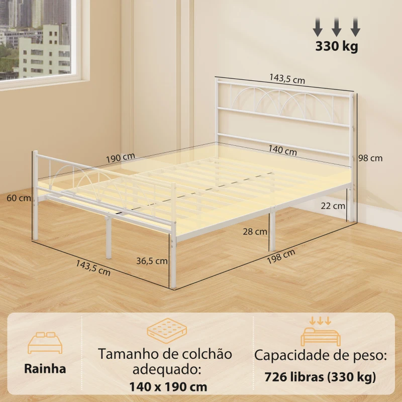 HOMCOM Cama de Casal com Cabeceira de Ripas de Aço e Espaço de Arrumação Debaixo da Cama Carga 330 kg 141,5x198x98 cm Branca