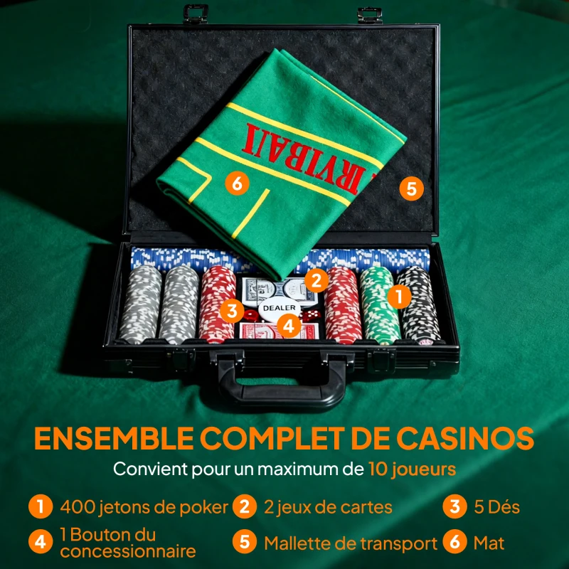 SPORTNOW Mallette de poker coffret de poker complet 400 jetons, boîtier en ABS, cartes à jouer, dés, dealer, tapis, clés