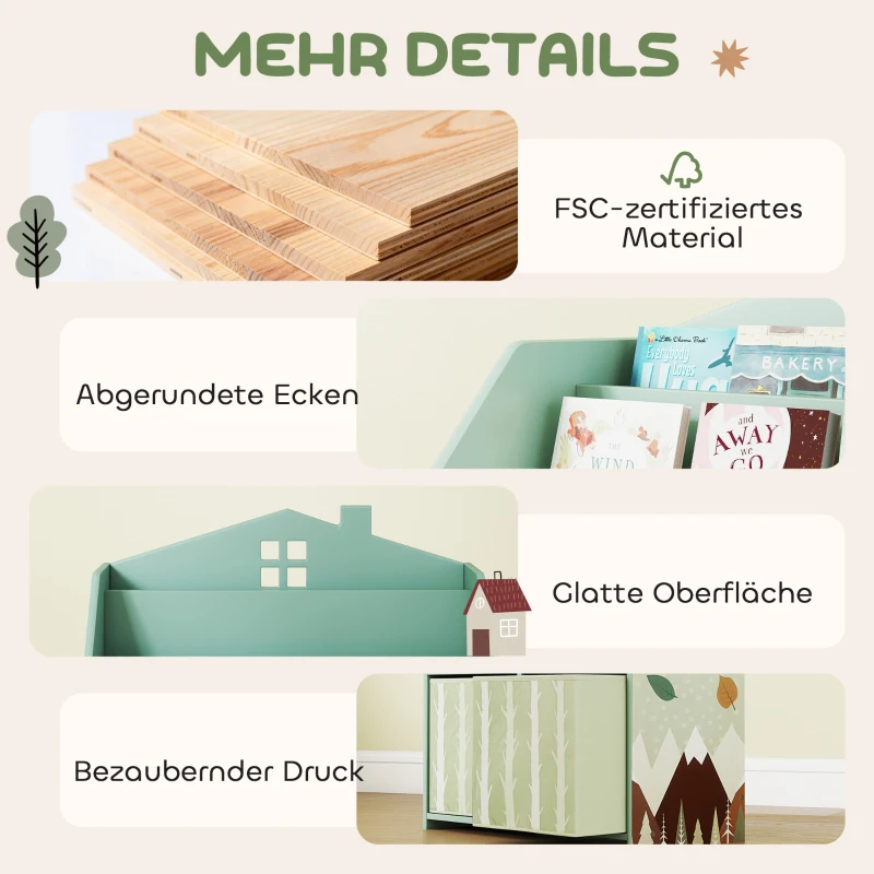 AIYAPLAY Kinderregal Bücherregal Kinder mit 2 Stoffschubladen offen Regal für 3-8 Jahre 62,5x30x91,5 cm Grün