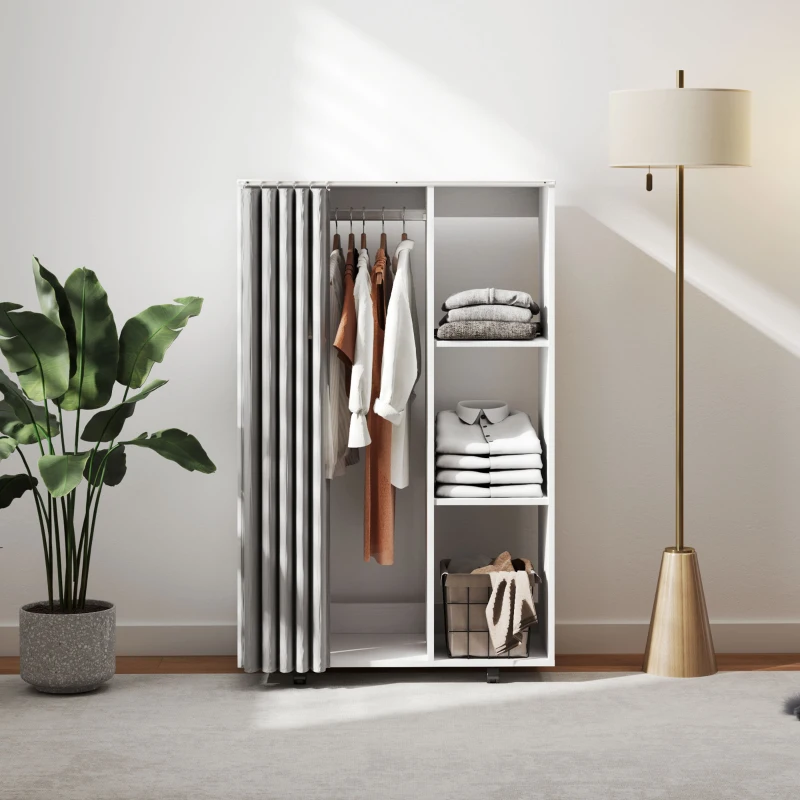 HOMCOM Armoire penderie vêtement dressing mobile 4 roulettes avec tringle à vêtements et étagères ouvertes, blanc(m-10)