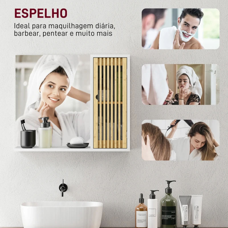 HOMCOM Espelho de Casa de Banho 60x50 cm Espelho de Parede com Porta de Ripas de Bambu Prateleiras de Arrumação Branco e Madeira