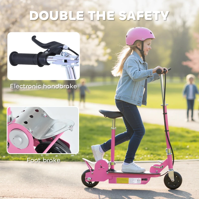 HOMCOM Foldable Powered Scooter with Adjustable Seat, Brake, Pink