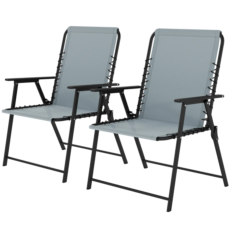 Outsunny Folding Garden Chairs Set of 2, Outdoor Dining Chairs with Wide Texteline Seat, High Back and Armrests, Light Grey