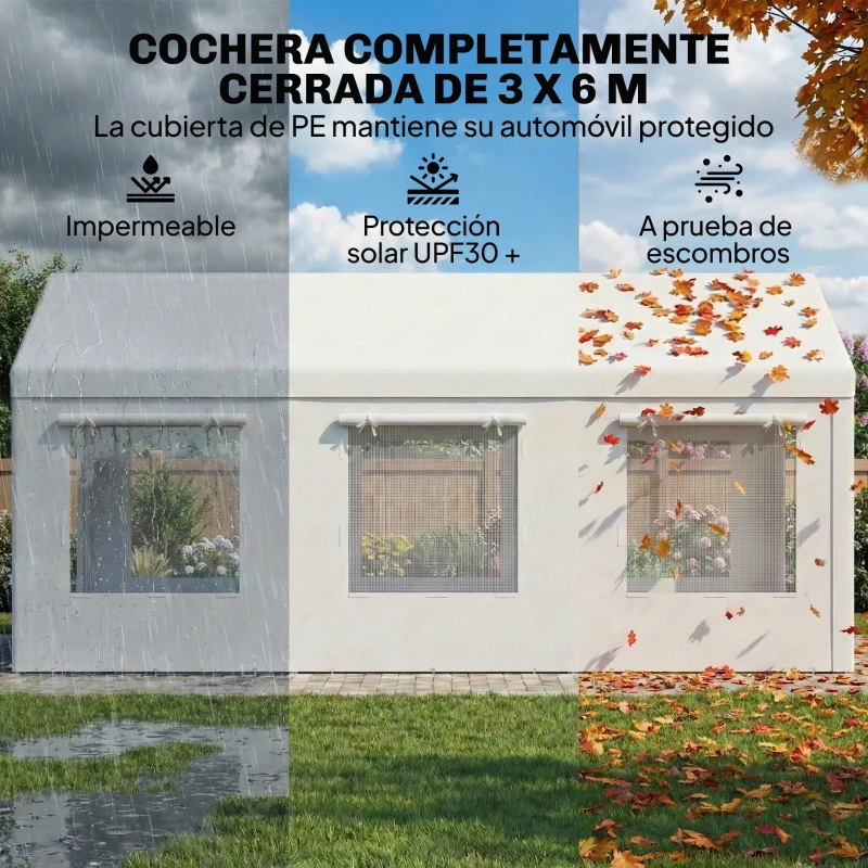 Outsunny Garaje Exterior para Coche 3x6 m Impermeable de PE Resistente Marco de Acero Galvanizado Altura Ajustable Blanco