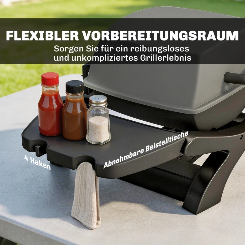 Outsunny Gasgrill 3,3 KW Tischgrill mit 1 Brenner klappbar Seitentischen Gusseisen Grillroste herausnehmbar Fettauffangschale
