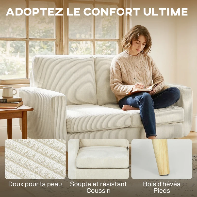 HOMCOM Canapé 2 places en velours côtelé, canapé de salon moderne 134 cm, assise rembourrée, coussin à ressorts, crème
