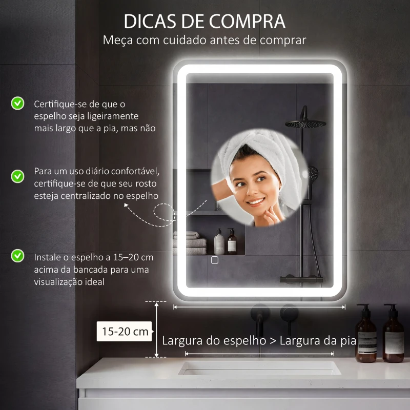 HOMCOM Espelho Casa de Banho com Luzes LED 70x90 cm Função Antiembaciamento 3 Temperaturas de Cor Ajustável e Função de Memória Prata