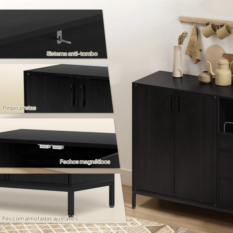 HOMCOM Aparador com 3 Portas e 3 Gavetas Prateleiras Ajustáveis para Cozinha, Entrada Sala de Jantar Quarto 143,5x40x90 cm Preto