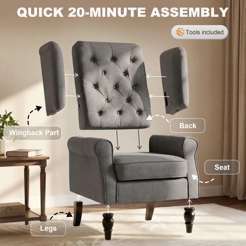 HOMCOM Wingback Accent Chair, High Back Armchair with Spring Cushion for Living Room, Bedroom, Retro Upholstered Reading Chair with Button Tufted Design, Thick Padded Seat and Solid Wood Legs, Dark Grey