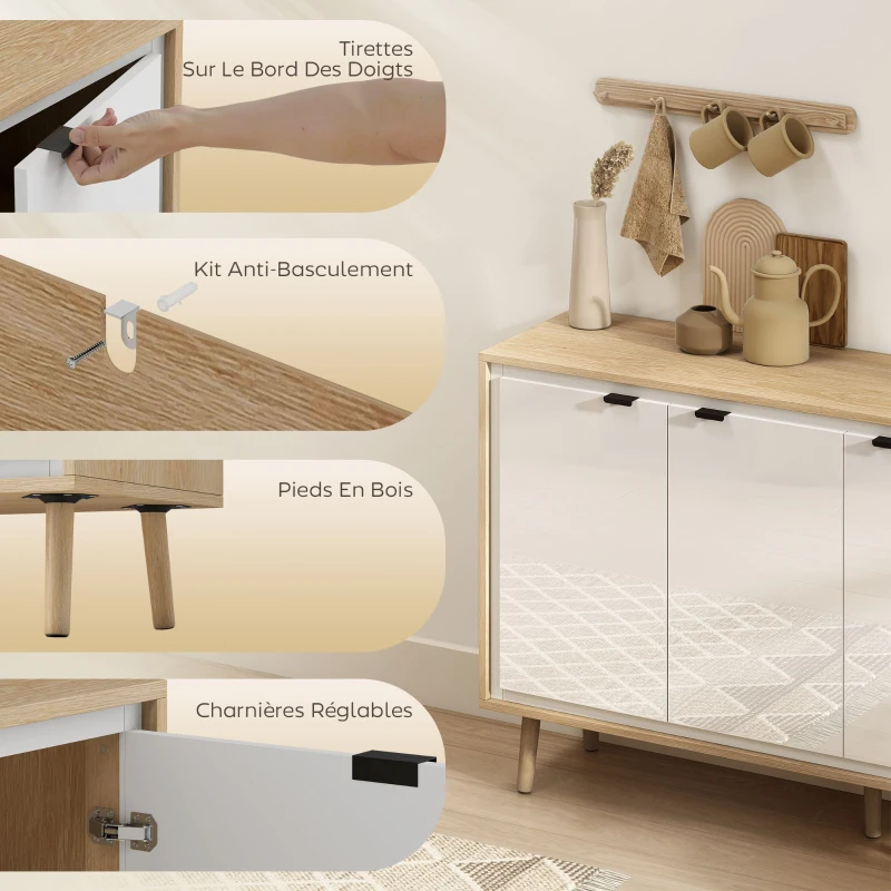 HOMCOM Buffet à haute brillance, meuble de rangement avec 3 portes, étagères réglables, 107 x 35 x 77 cm, blanc et chêne