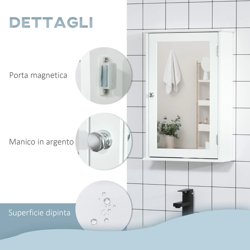 kleankin Specchio Bagno Contenitore con Anta Magnetica, Mobile Bagno con Specchio, Ripiano Regolabile, Bianco