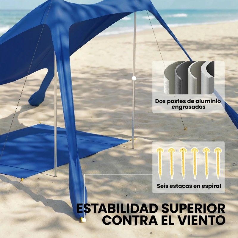 Outsunny Carpa Playa Plegable con Esterilla UPF50+ Postes de Aluminio Pala Estacas y Bolsa de Transporte Azul