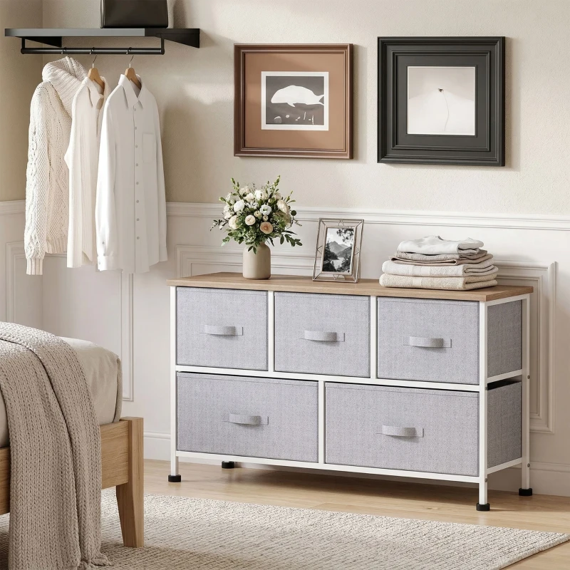 HOMCOM Cómoda com 5 Gavetas de Tecido Cómoda para Quarto Estrutura Metálica 100x30x54 cm Cinzento