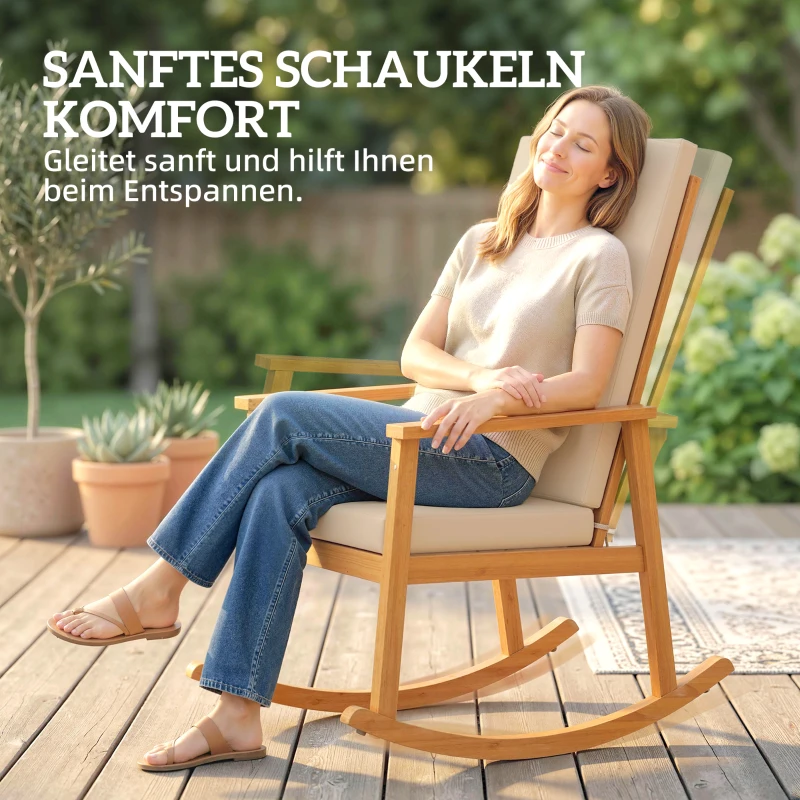 Outsunny Schaukelstuhl aus Akazienholz Schaukelsessel mit hoher Rückenlehne Kissen bis 160 kg 60 x 89 x 107 cm Beige