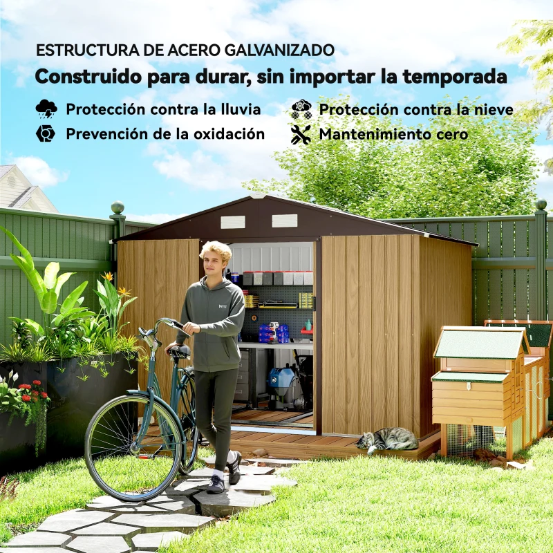 Outsunny Cobertizo de Jardín Exterior 4,9 m² 277x195x192 cm con Puerta Corredera Ventilación y Kit de Fundación Marrón