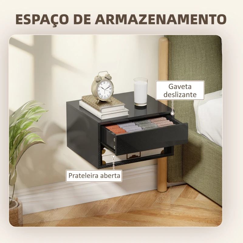 HOMCOM Conjunto de 2 Mesas de Cabeceira Suspensas com Gaveta Prateleira Aberta para Quarto 37x32x21 cm Preto Brilhante