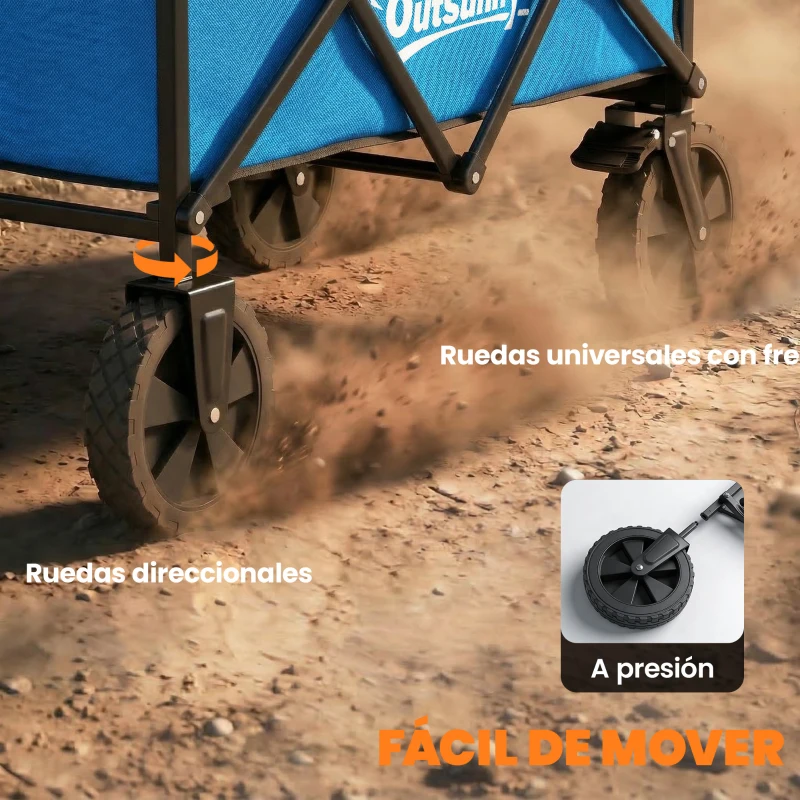 Outsunny Carro de Jardín Plegable con Ruedas Bloqueables Mango Ajustable Portavasos Carga 80 kg para Campaña 85x50x99 cm Azul