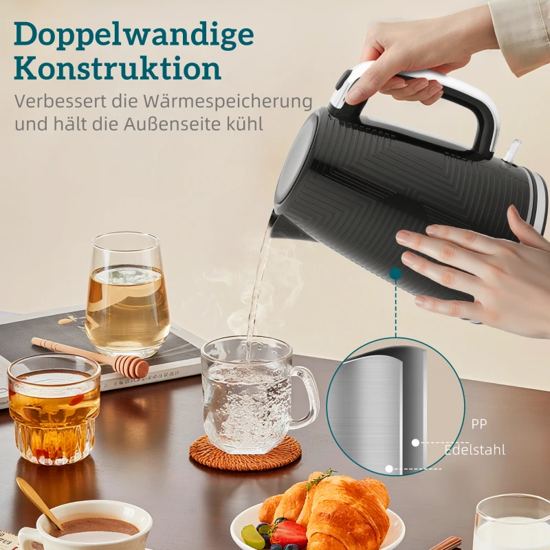 HOMCOM Wasserkocher- und Toaster-Set, 2200W, Otter-Thermostat, 2-Schlitz-Toaster, 7 Bräunungsstufen, Krümelfach, Schwarz