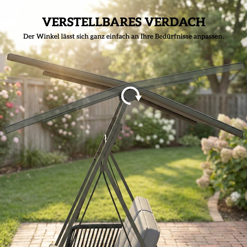 Outsunny Hollywoodschaukel Rattan 2-Sitzer Gartenschaukel mit Verstellbarem Sonnendach weichem Kissen A-Rahmen