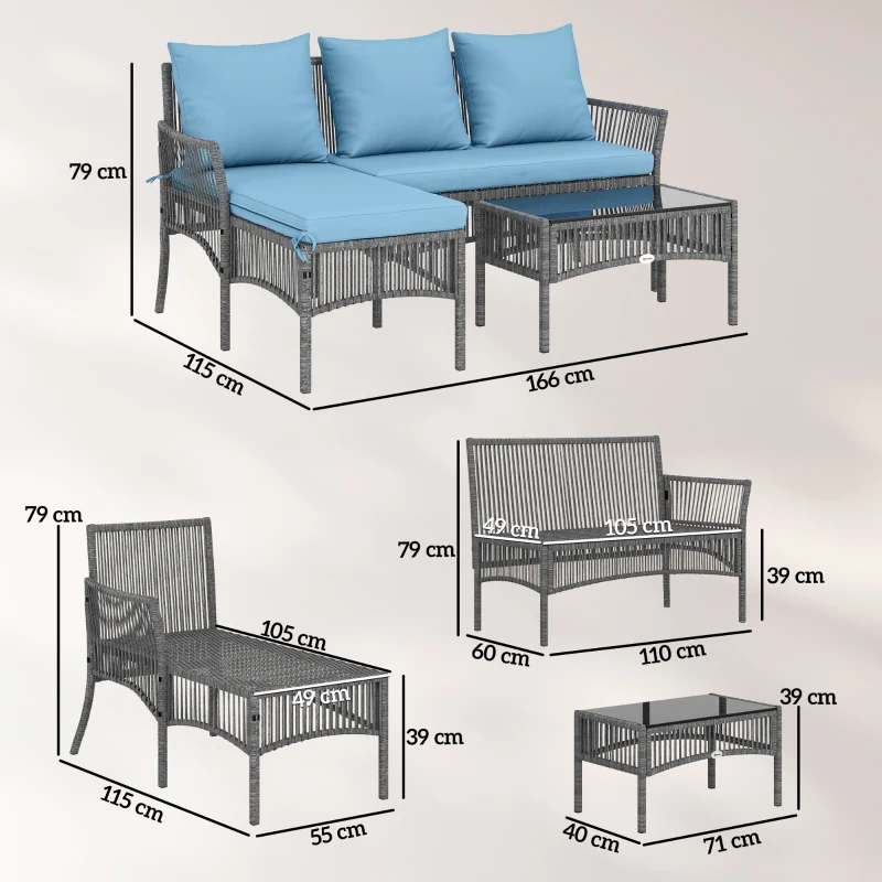Outsunny Conjunto de Jardim Exterior de Vime com Sofá de 2 Lugares, Chaise Longue e Mesa de Centro com Vidro Temperado Azul Claro