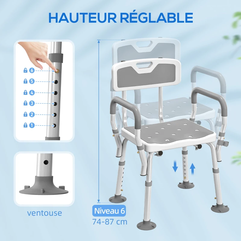 HOMCOM Tabouret de douche chaise de douche ergonomique hauteur réglable pieds antidérapants 56,5 x 53,5 x 87 cm blanc et gris