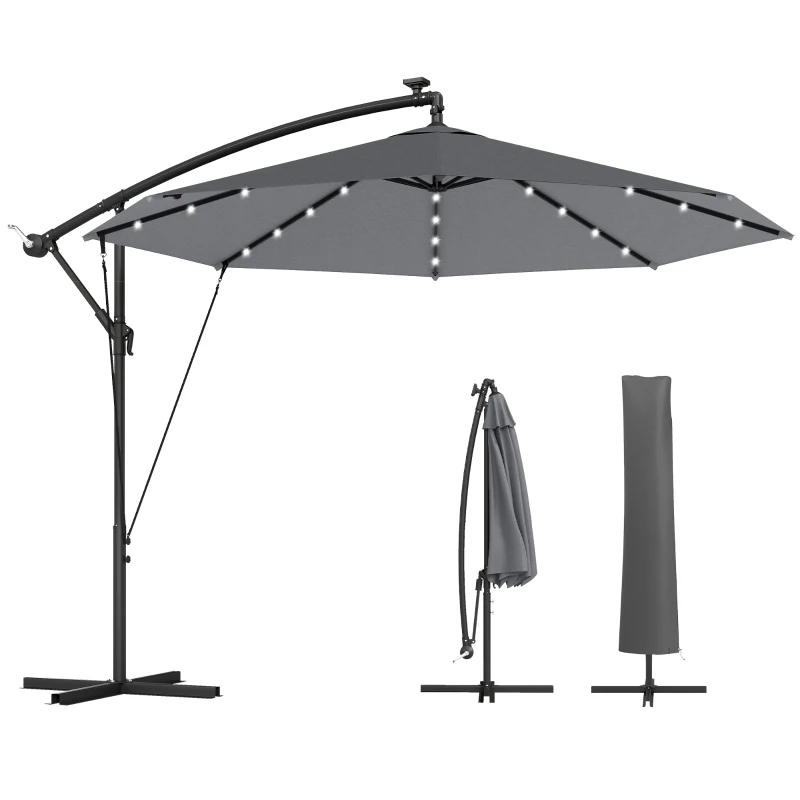 Outsunny Freiarmschirm 3 m mit Solar-LEDs, für Garten, Grau