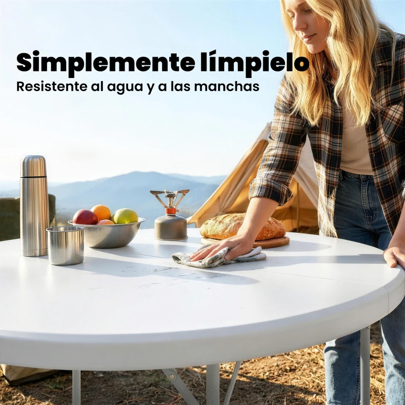Outsunny Mesa Plegable Camping 120x120x74 cm Mesa Plegable Portátil con Encimera de HDPE Almohadillas Antideslizantes Blanco