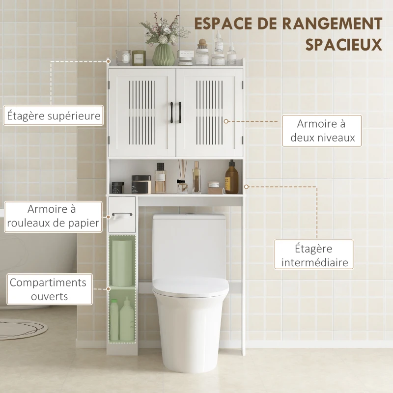 HOMCOM Meuble WC dessus de toilette meuble salle de bain avec placard à porte double et porte-papier 80x19,5x170cm blanc