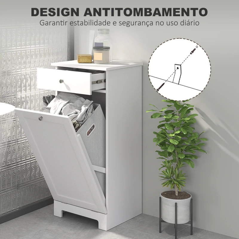 HOMCOM Armário de Casa de Banho com Cesto de Roupa Suja Basculante Móvel para Roupa Suja com Saco de Tecido Dobrável e Gaveta Branco 40x38x90 cm