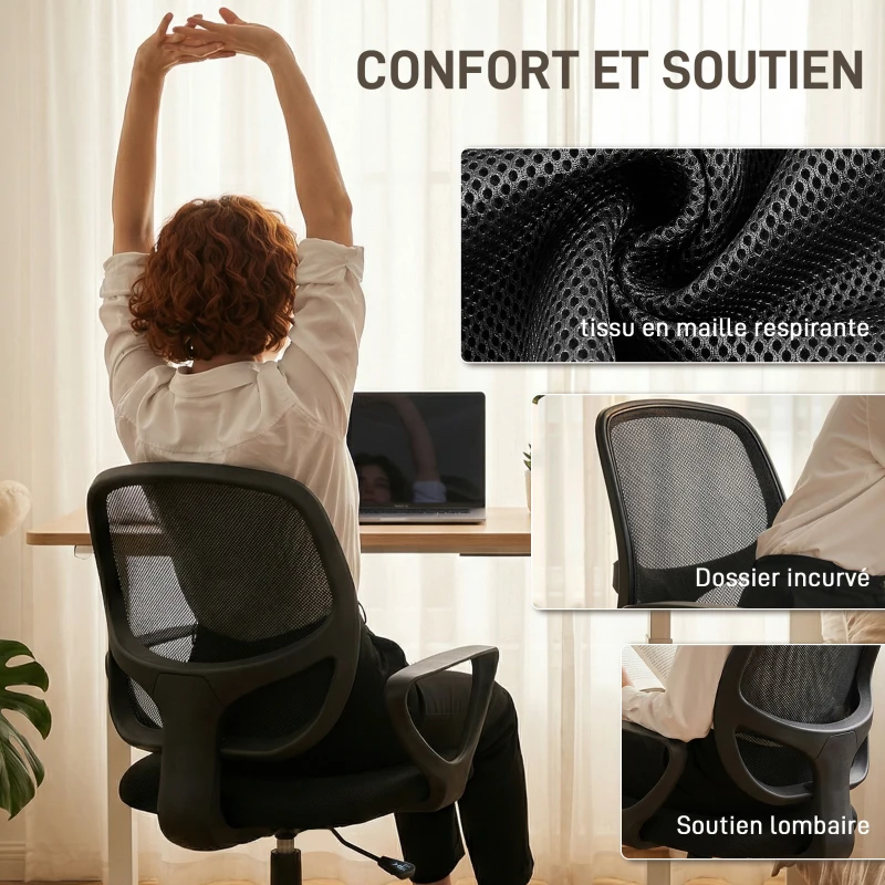 HOMCOM Chaise bureau ergonomique, fauteuil de bureau avec repose-pieds et accoudoirs, hauteur réglable, 59x58x103-123cm, noir