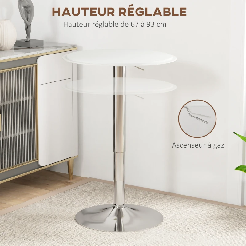 HOMCOM Table de Bar Table Bistro Mange-debout Hauteur réglable 67-93 cm Ø 63 cm Plateau pivotant 360° métal chromé PU blanc