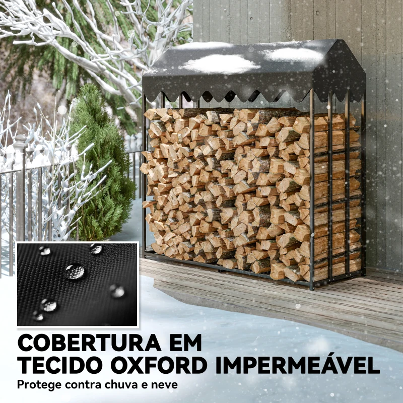 Outsunny Suporte de Lenha Metálico para Exterior com Cobertura Impermeável, 186x70x185 cm, Preto