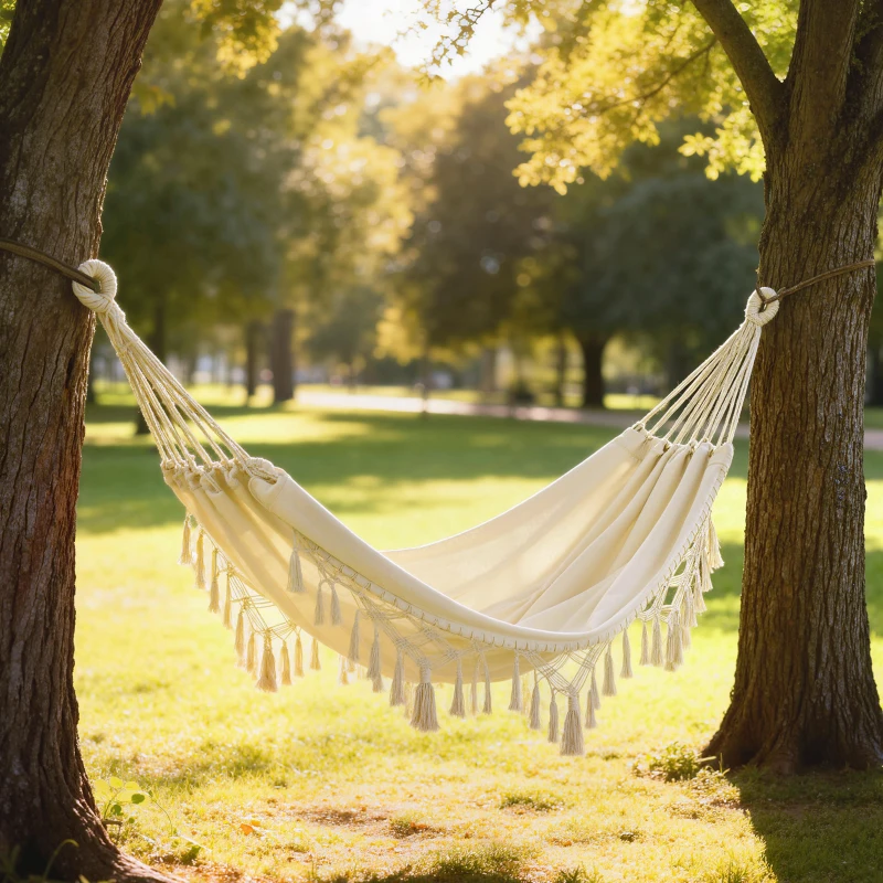 Outsunny Hamac Exterieur Bohème, Hamac de jardin Suspendu avec Frange et Sac de Transport extra large 288 x 150 cm, Beige