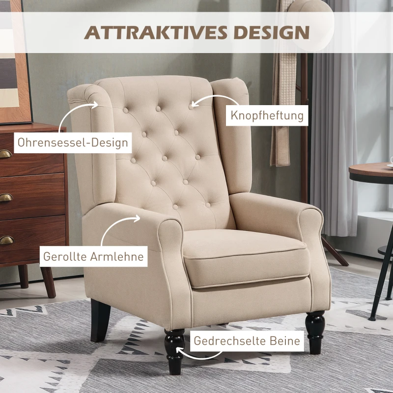 HOMCOM Elegante oorfauteuil, dik gewatteerd, afneembare bekleding, 74 x 87 x 102 cm, Beige