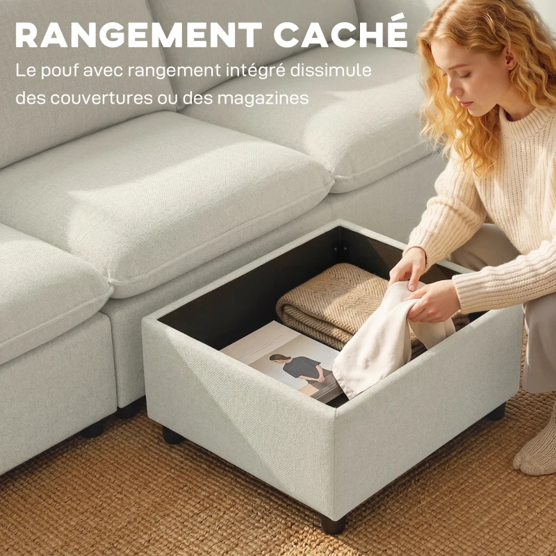 HOMCOM Canapé 3 places avec pouf de rangement, canapé d'angle modulable 212 cm, coussins à ressorts, tissu en lin, crème