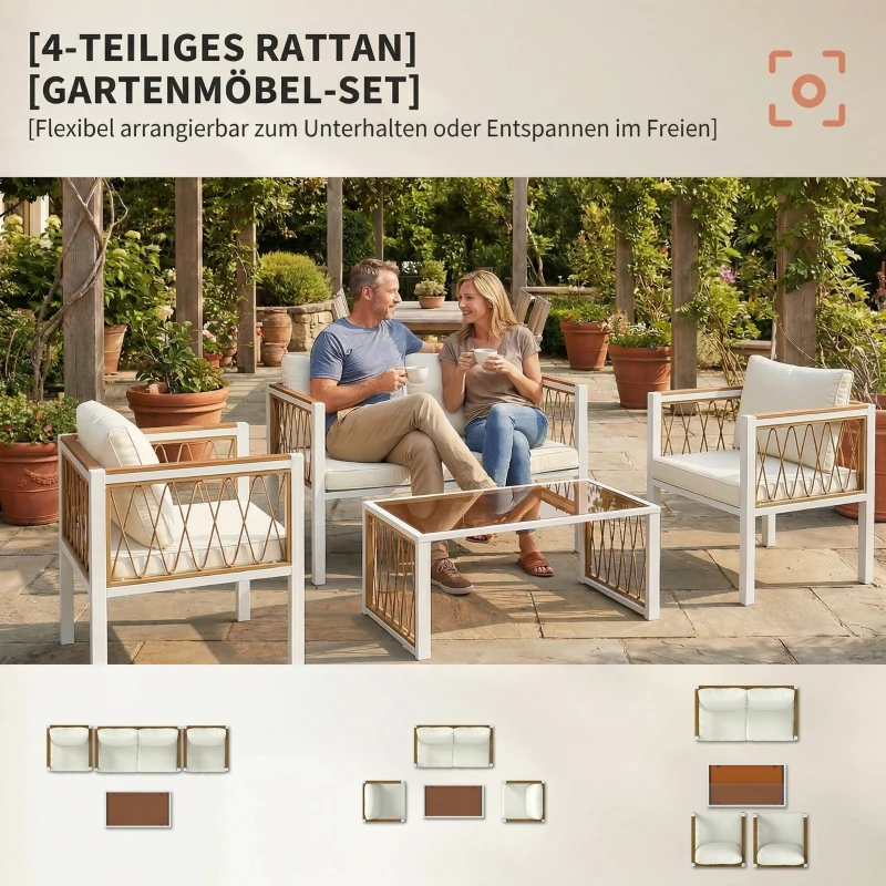 Outsunny Gartenmöbel Set 4-teilig Polyrattan Lounge-Set mit Zweisitzer 2 Sessel Glastisch abnehmbar Kissen rutschfesten Matte