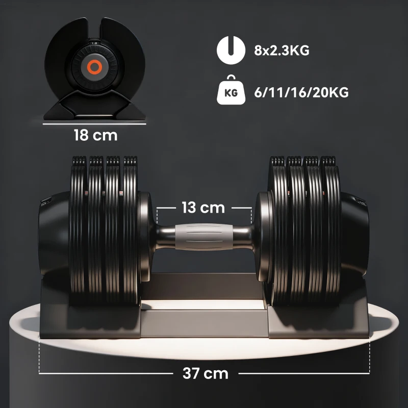 SPORTNOW Conjunto de Pesos Ajustável de 20 kg com Ajuste Rápido de Peso com Base de Armazenamento e Pega Antiderrapante  Ø18x37 cm Preto