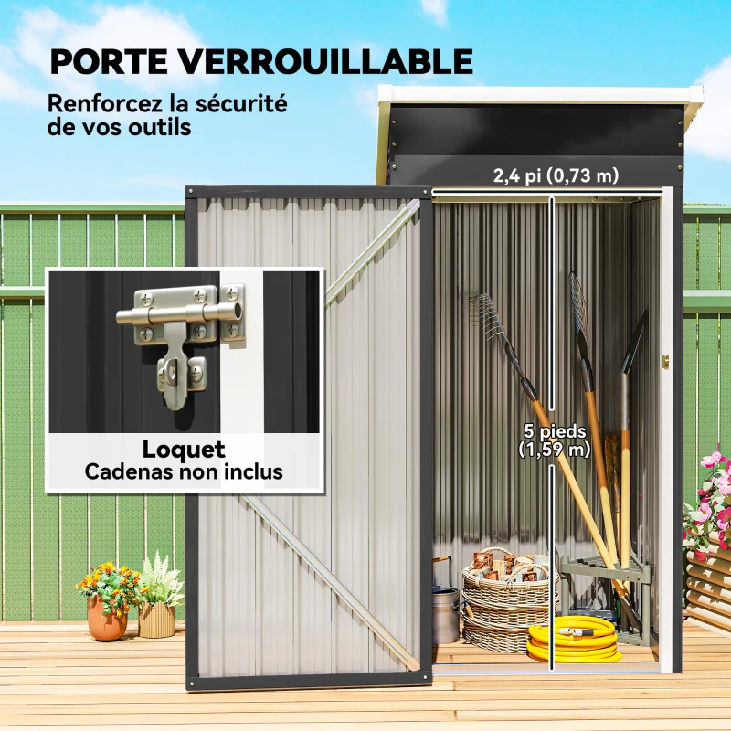 Outsunny Abri de jardin en métal, cabane de jardin, porte verrouillable, toit incliné, aérations et gants, 107,5x91x185cm, gris
