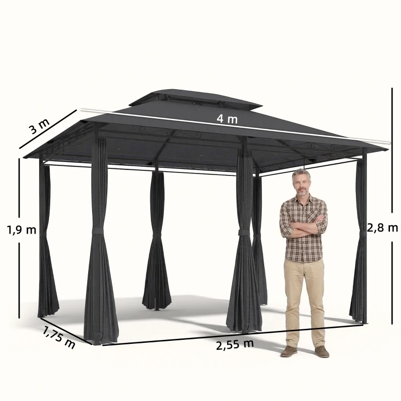 Outsunny Pérgola de Jardim 3x4 m com Teto Duplo 6 Paredes Laterais Estrutura Metálica Drenagem Pérgola para Exterior  Cinzento