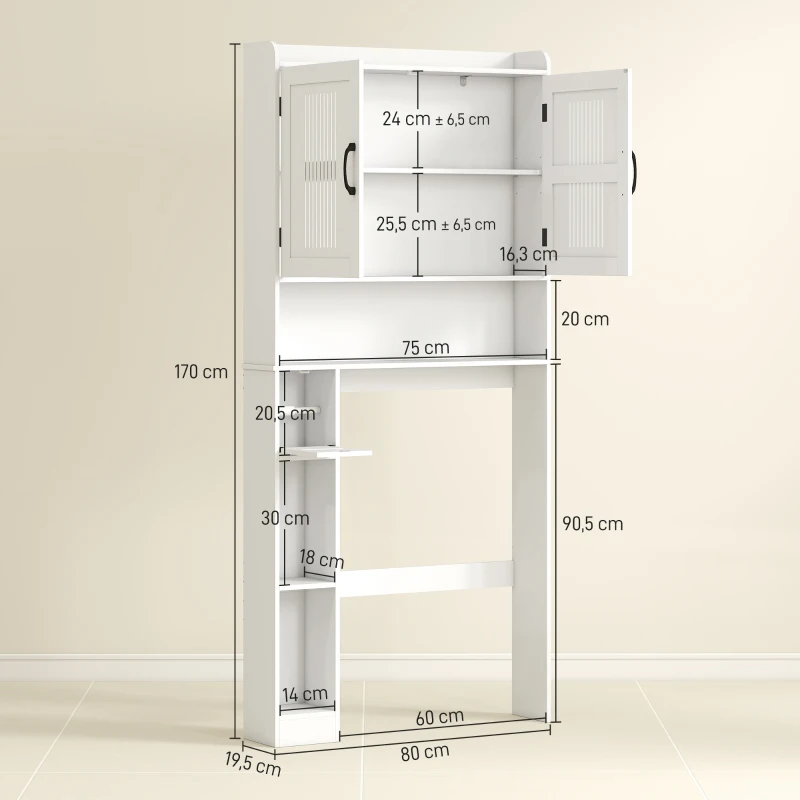 HOMCOM Armário sobre Sanita com Prateleira Ajustável 2 Portas Suporte para Papel Higiênico Armário para Máquina de Lavar 80x19,5x170 cm Branco