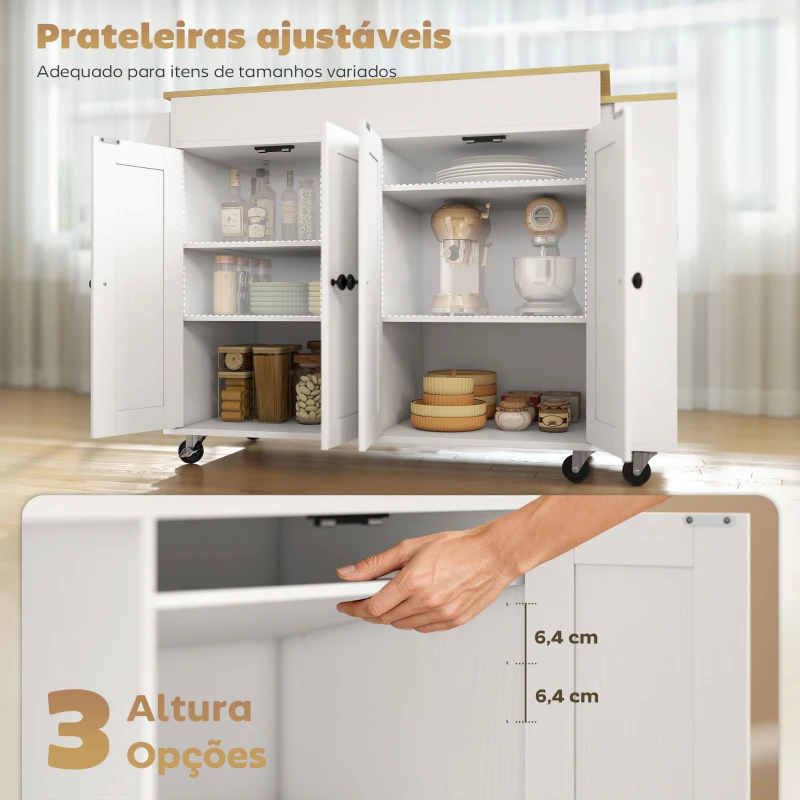 HOMCOM Ilha de Cozinha com Rodas Tampo Extensível Carrinho de Cozinha com 4 Portas Prateleiras Ajustáveis Estante Lateral Aberta Branco