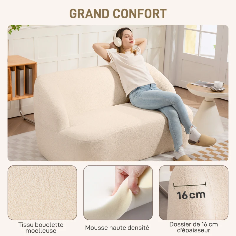 HOMCOM Canapé 2 places canapé en tissu bouclette 142 cm avec dossier et assise incurvés, aucun assemblage requis, beige