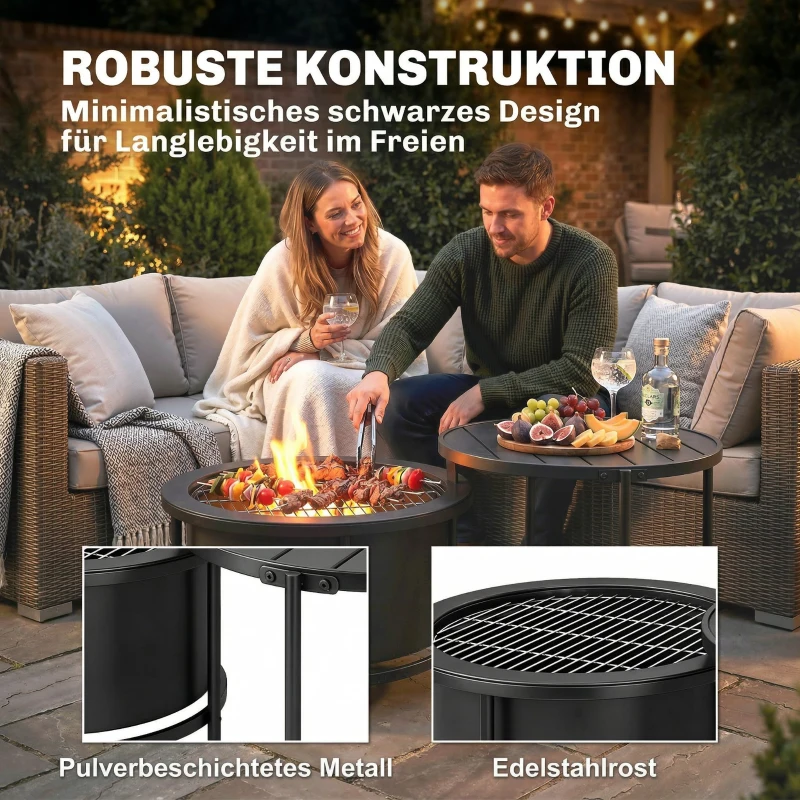 Outsunny Feuerschale 66 x 63 x 41 cm Rund Feuerstelle mit Grillrost Schürhaken Deckel Ständer Schwarz