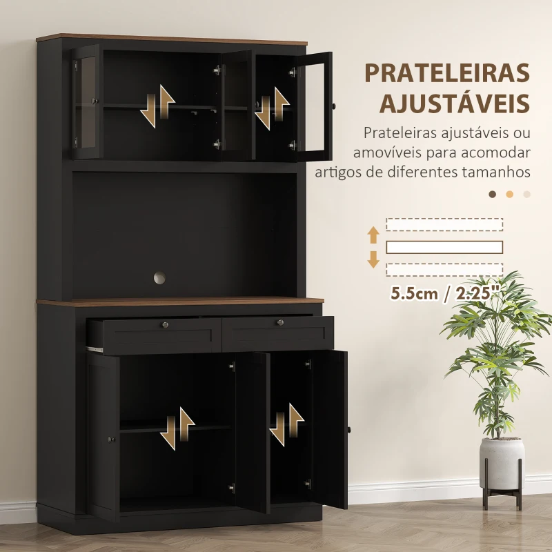 HOMCOM Armário de Cozinha com 3 Portas de Vidro Compartimento Aberto 2 Gavetas e Prateleiras Ajustáveis 100x40x180 cm Preto