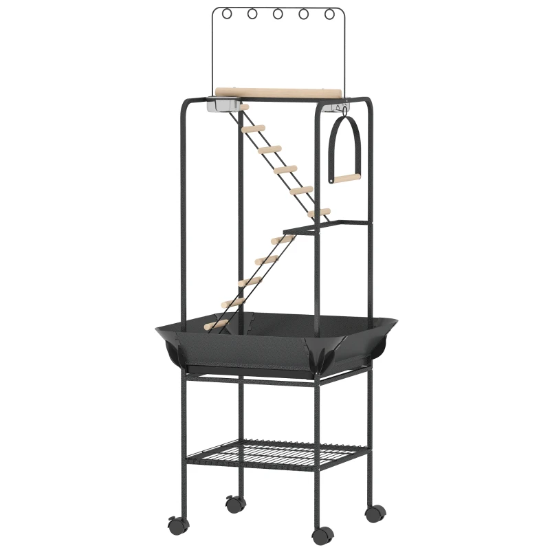 PawHut Parc de Joacă pentru Păsări cu Roți Scări Leagăn Protecție pentru Semințe Tavă Hrănitoare Bățuri 63x63x163 cm