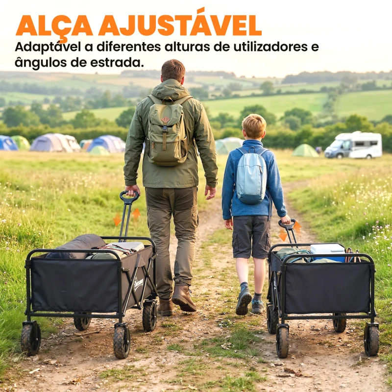 Outsunny Carrinho de Jardim Dobrável com Rodas Bloqueáveis Cabo Ajustável Porta-Copos Carga 80 kg para Camping 85x50x99 cm Preto