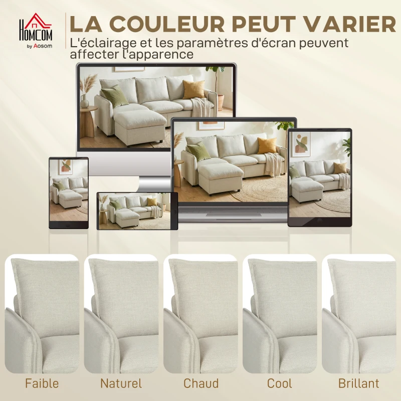 HOMCOM Canapé 3 places avec pouf de rangement, canapé d'angle modulable 212 cm, coussins à ressorts, tissu en lin, crème