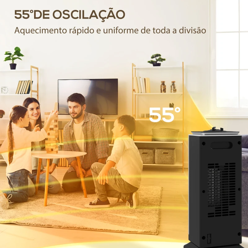 HOMCOM Aquecedor Elétrico Cerâmico 2000W PTC com 3 Modos Termostato Ajustável Oscilação de 55° para 15 m² 18x14x40,5 cm Preto