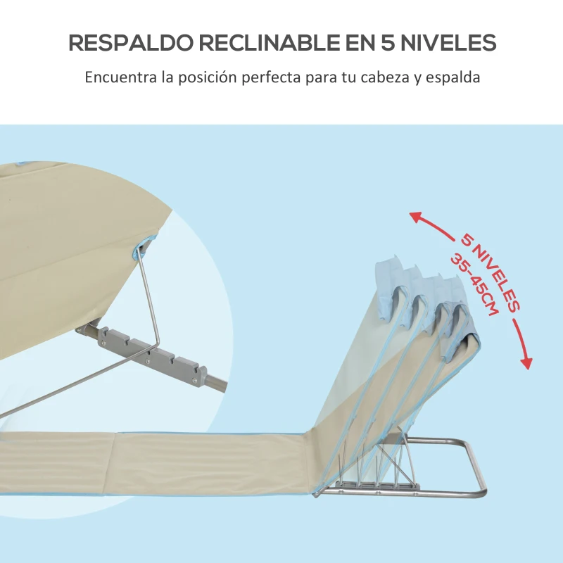 Outsunny Set de 2 Esterillas de Playa Plegables 124x53x35-45 cm con Respaldo Ajustable 5 Niveles y Reposacabezas Esteras de Playa Portátil Tela Oxford Acero con Bolsa Transporte para Jardín Beige